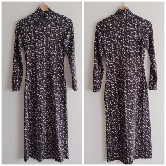 Sezane Felicia Dress XS Black Floral Long Sleeve Midi Dress Soft Stretch Fabric - Picture 13 of 13